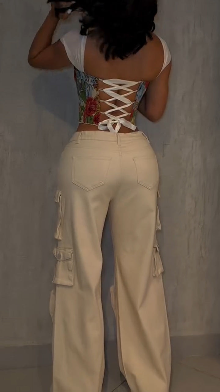 Ladies Square Collar Printed Back Strap Top+ Multi Pocket Patchwork Pants Casual Set