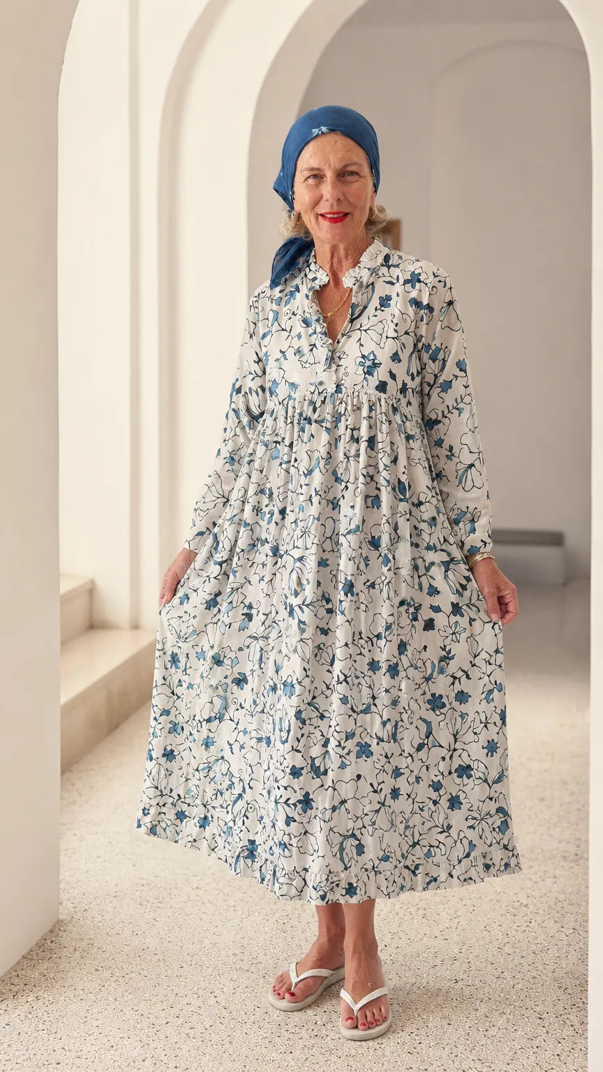 Floral Print Ruffle Collar Long Sleeve Midi Dress