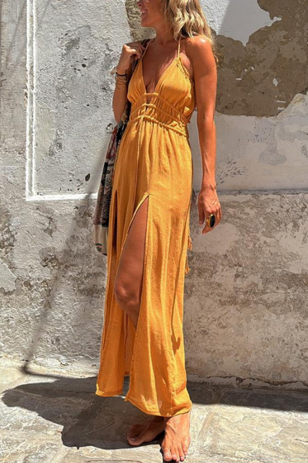 Linen Blend Elastic Waist Halter Backless Pocket Slit Midi Dress