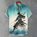 Japanese Samurai Pattern Men's Linen Short Sleeve Shirt