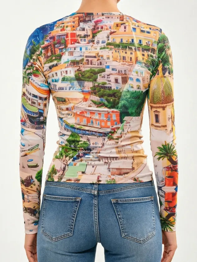 Casual Landscape Print Off The Shoulder T-shirt