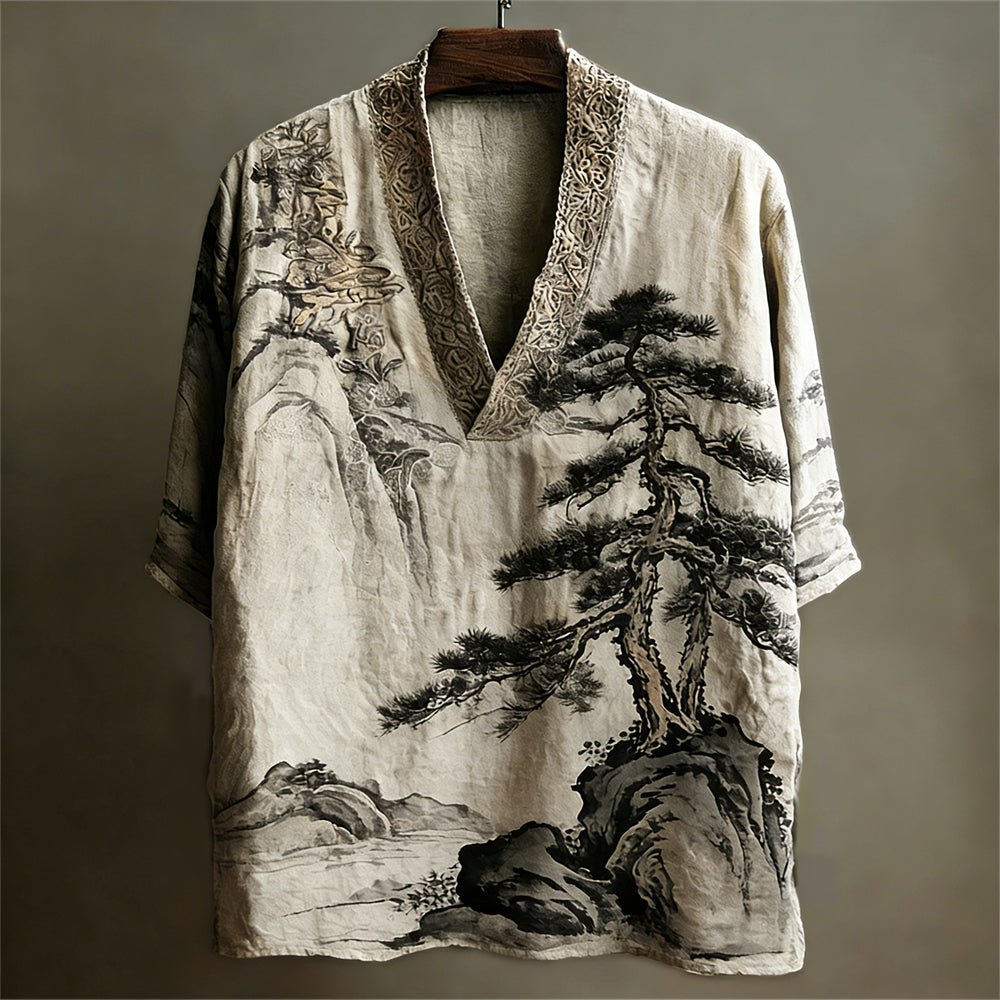 Japanese Landscape Botanical Vintage Men's Linen V-neck Shirt