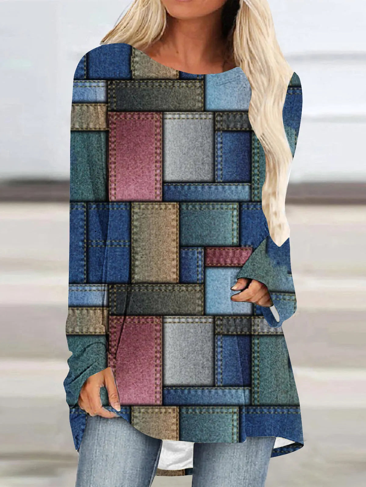 Crew Neck Long Sleeve Denim Pattern Mid-length Blouse