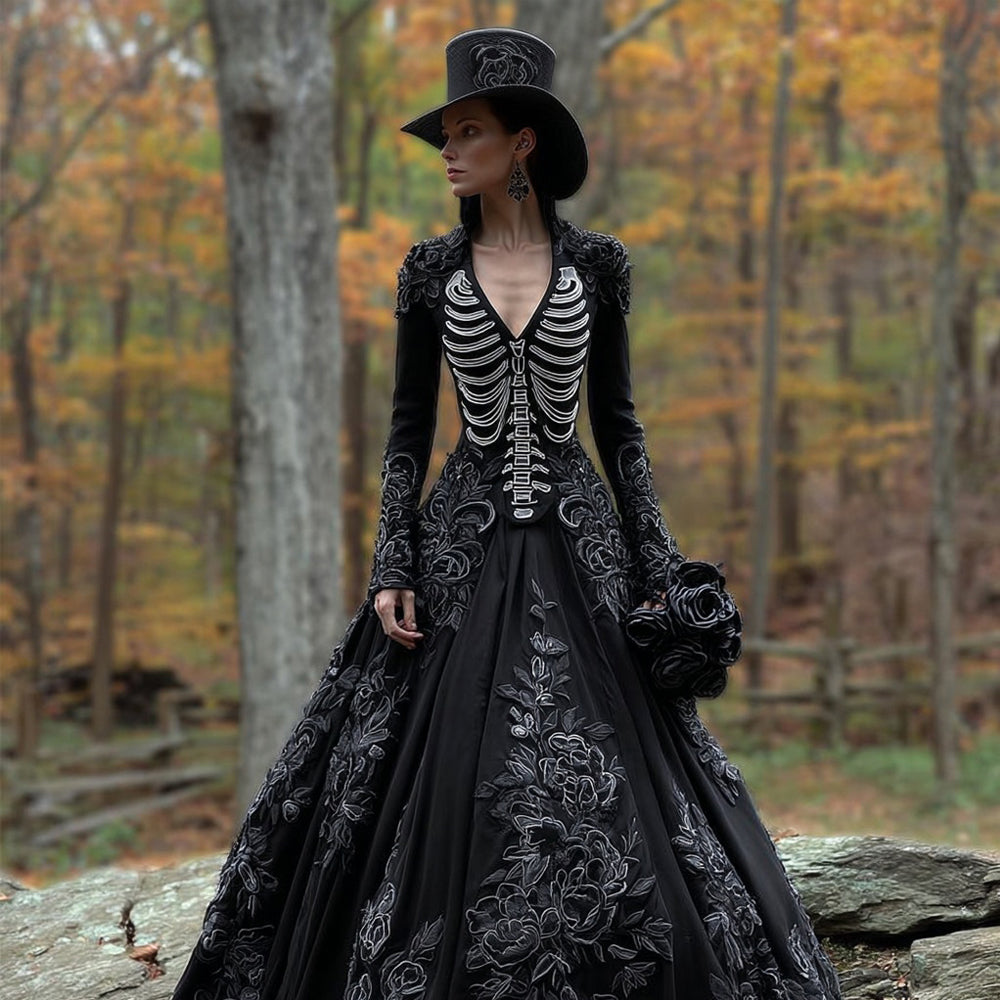 Classy Skeleton Flowers Embroidered Flowy Maxi Dress