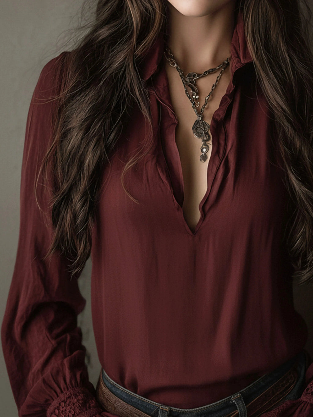 Boho V-Neck Deep Wine Red Blouse With Lace Cuffs