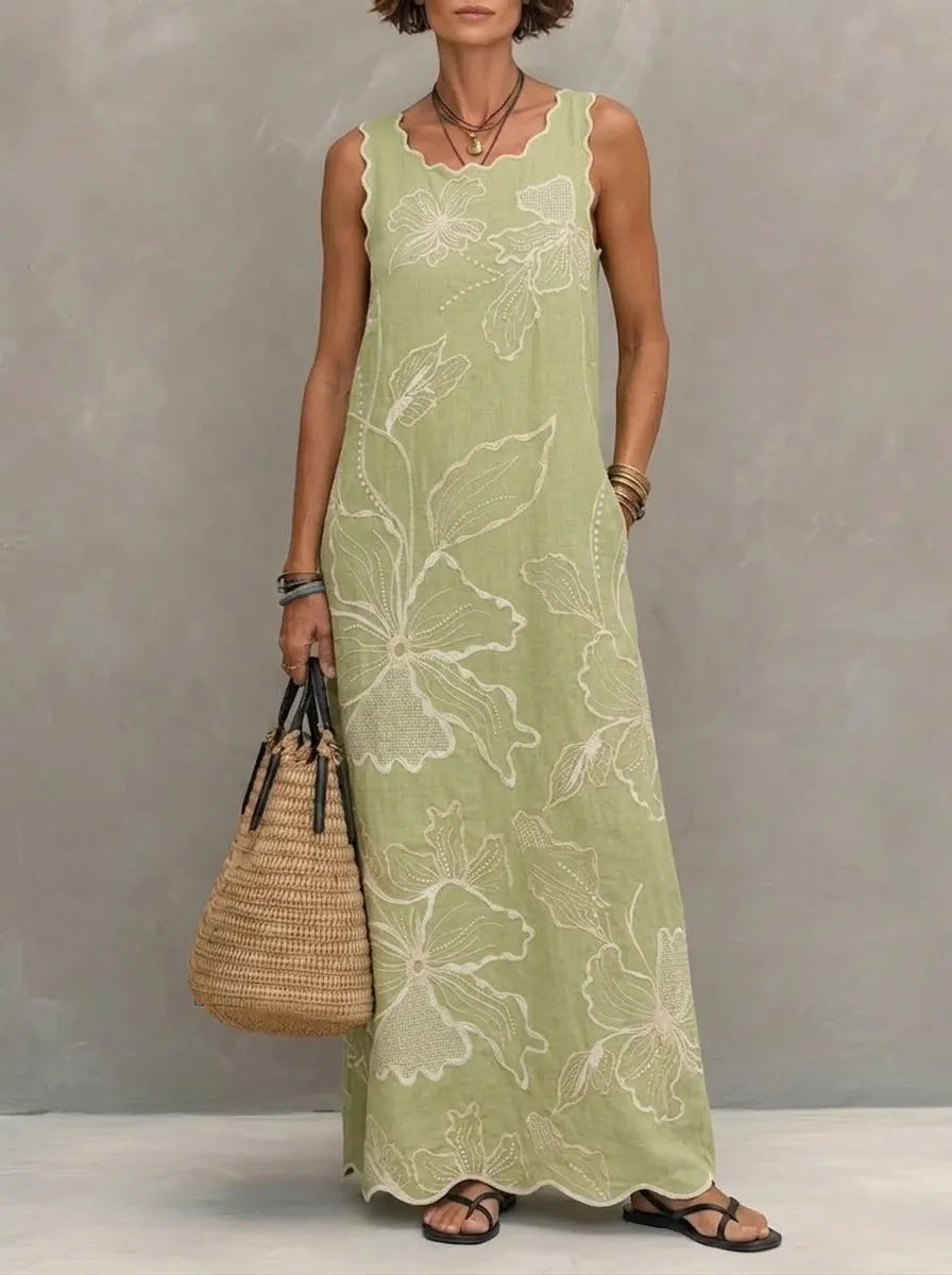 Womenâs Wavy-edge Floral Sleeveless Pocket Maxi Dress