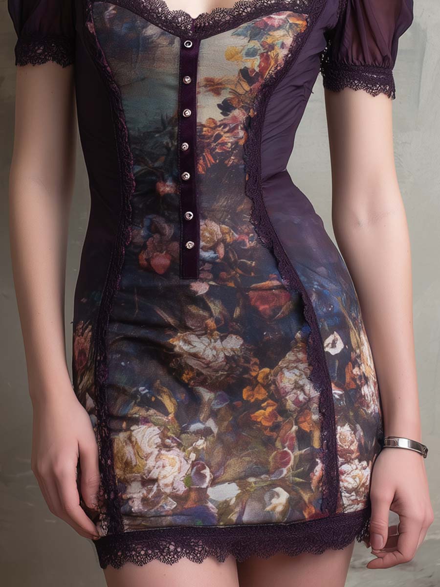 Vintage Lace Trim Oil Painting Style Chiffon Mini Dress