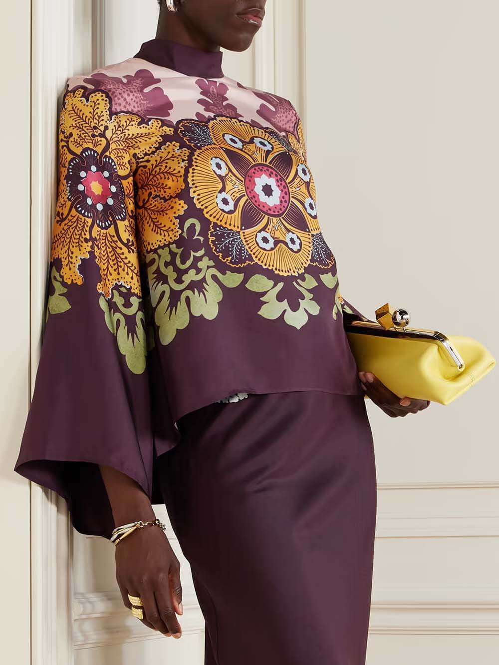 Retro Ethnic Print Satin Twill Maxi Skirt