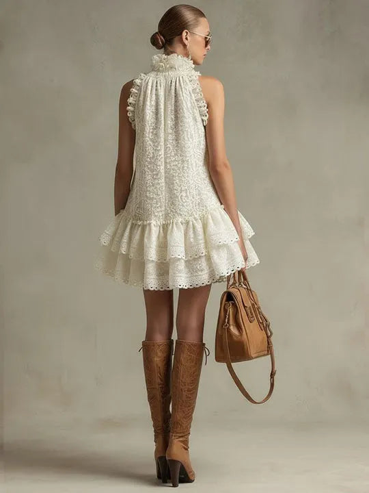 Vacation Retro Beige Lace Sleeveless Ruffled Mini Dress