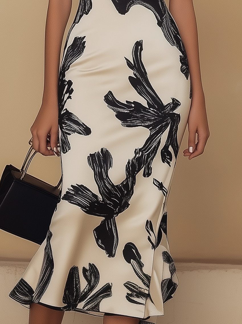 24-Hour-Shipping Off Shoulder Biege Midi Bodycon Dress With Black Elegant Print