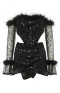 Long Sleeve Feather Bardot Sequin Two Piece Dress Black