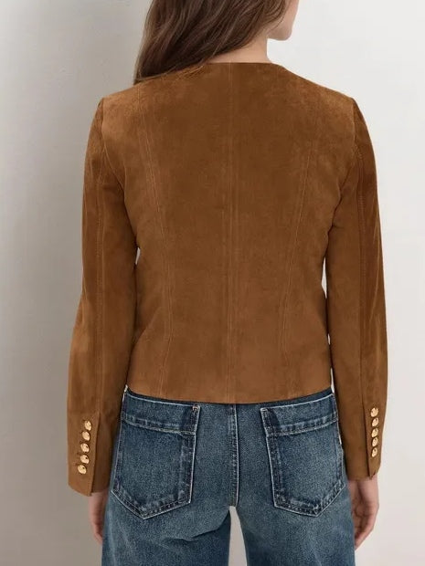 Brown Suede Single-breasted Cropped Jacket
