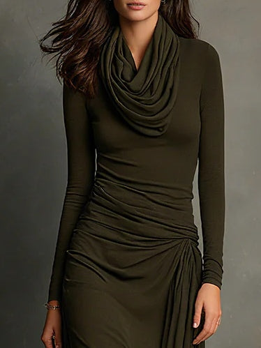 Olive Green Turtleneck Pleated Maxi Dress