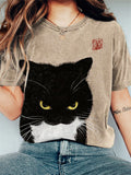 Fuzzy Bicolor Cat Japanese Art Washed T Shirt