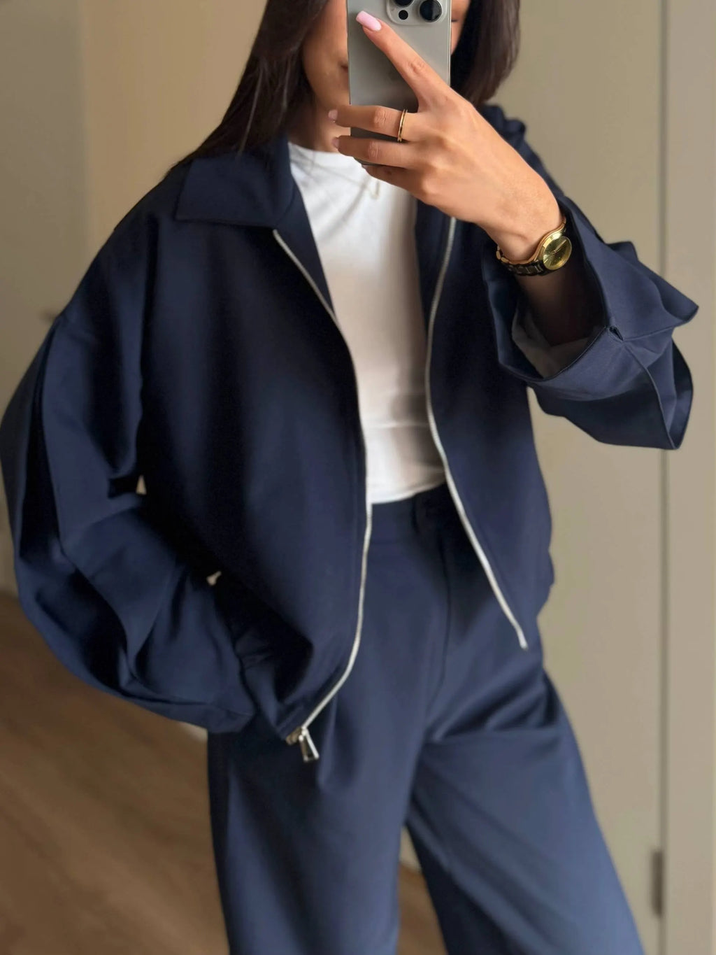 Zippered Jacket And Wide-leg Pants Two-piece Suit
