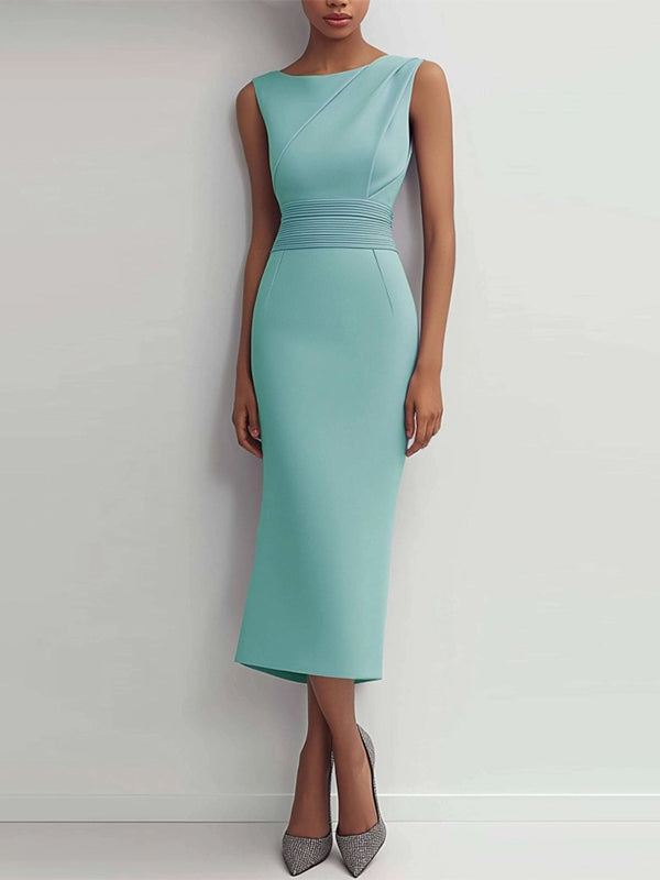 Daily Cocktail Dress Sleeveless Round Neckline Fitted Tea-Length Dress