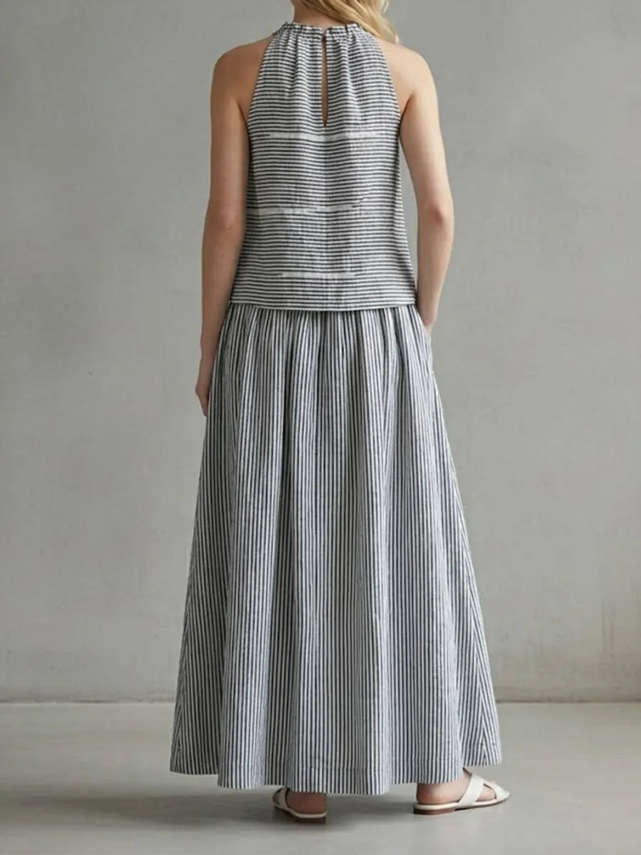 Stylish Sleeveless Linen And Cotton Striped Top And Skirt Two-piece Set