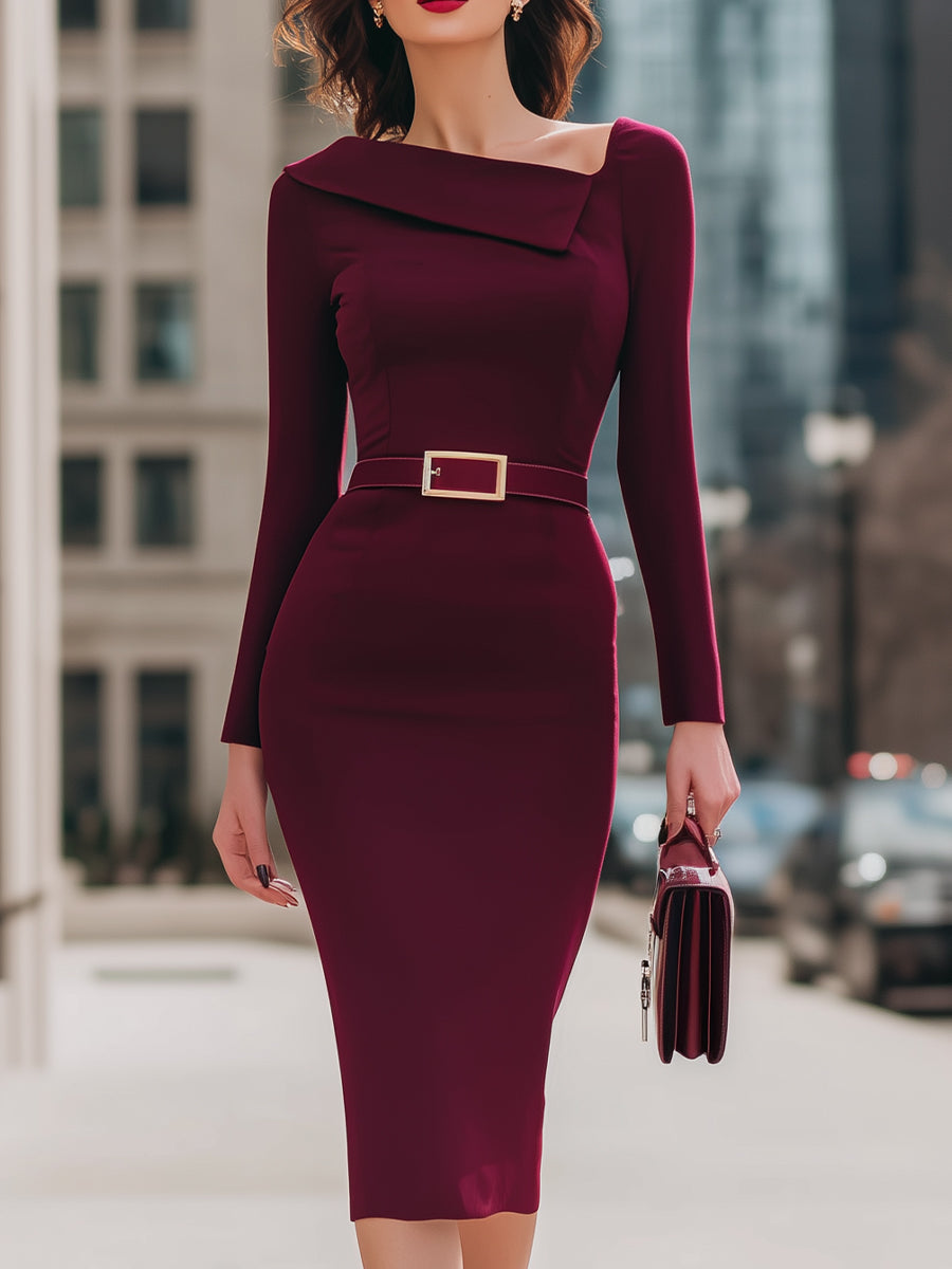 Elegant Wine Red Belted Pencil Midi Dress