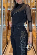 Women's Casual Lapel Denim Vest or Side Rhinestone Jeans