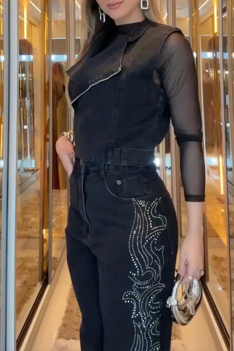 Women's Casual Lapel Denim Vest or Side Rhinestone Jeans