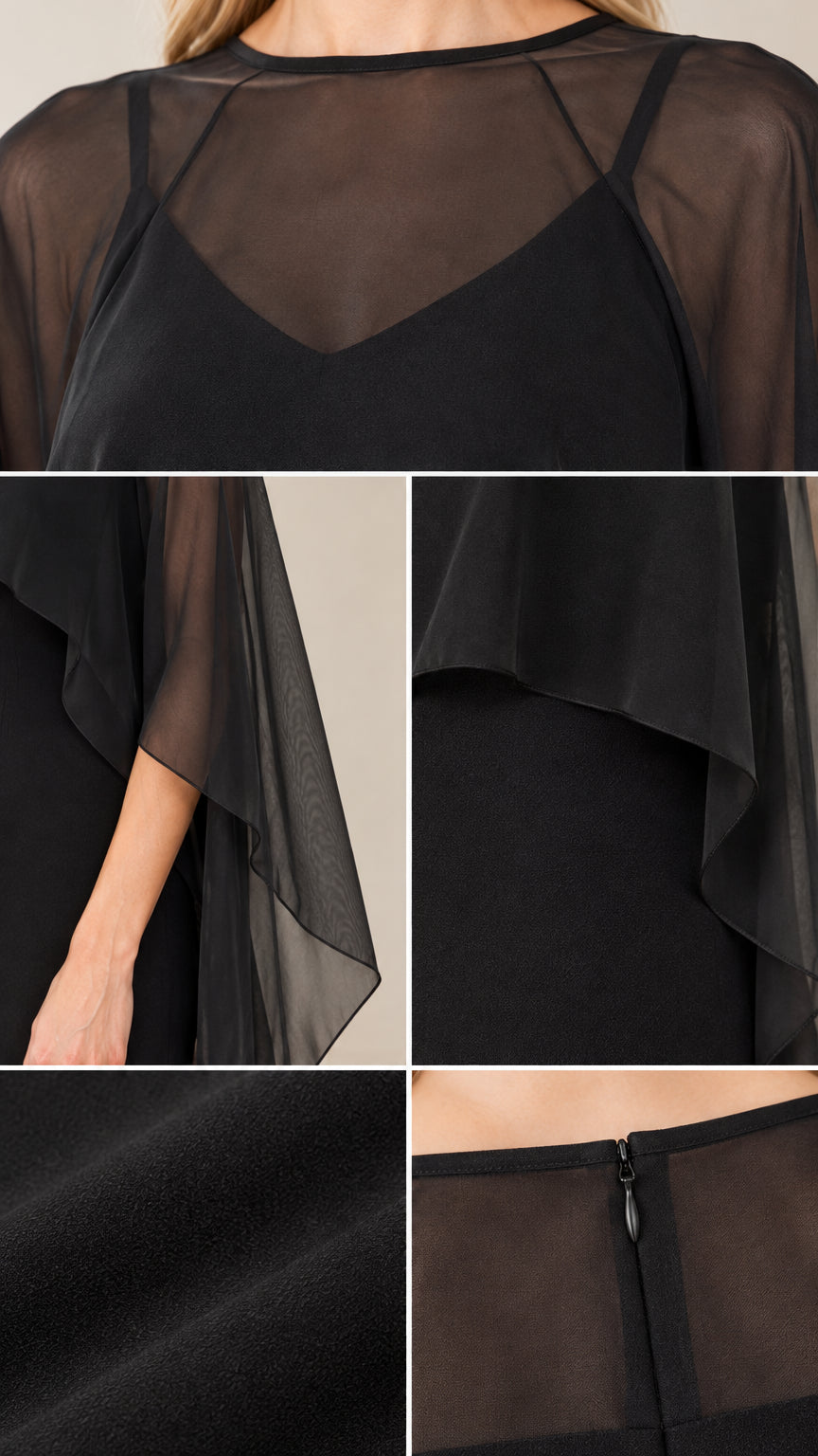 Sheer Cape Overlay Evening Maxi Dress with Sweetheart Bodice