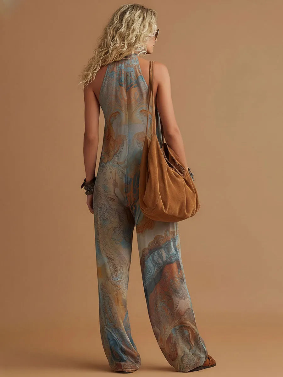 Vacation Retro Bohemian Print Chiffon Sleeveless Wide-Leg Jumpsuit