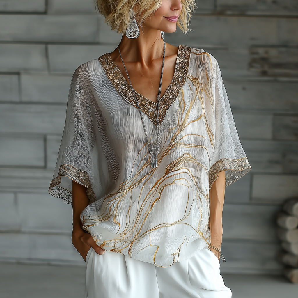 Vintage Marble Texture Collection Bohemia Style Gradient  Gilded Pattern Linen V Neck Women‘s T-shirt