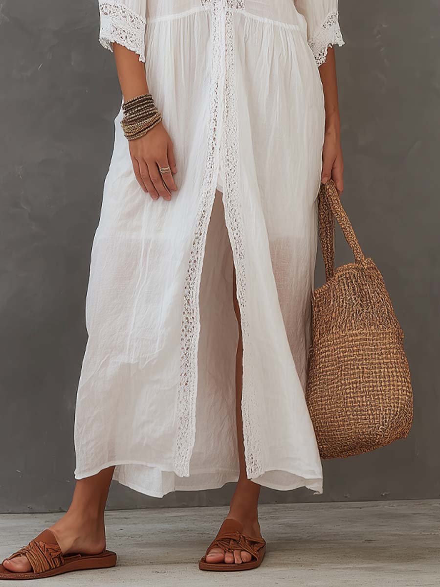 Vintage Lace-trimmed Cotton Linen Shirt Midi Dress