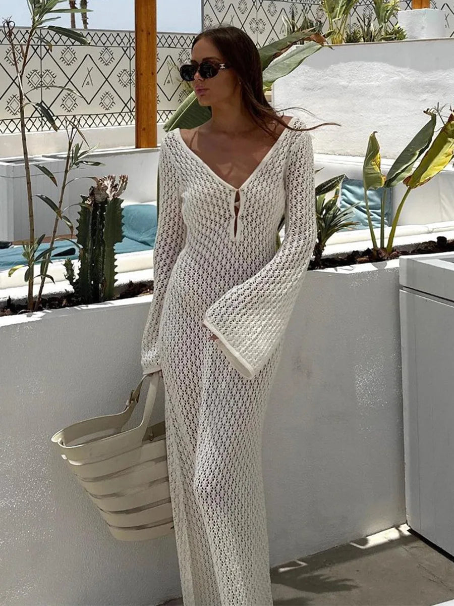 Serenah Crochet Knit Beach Dress – Long Sleeve V-Neck Holiday Cover Up Maxi Dress for Women