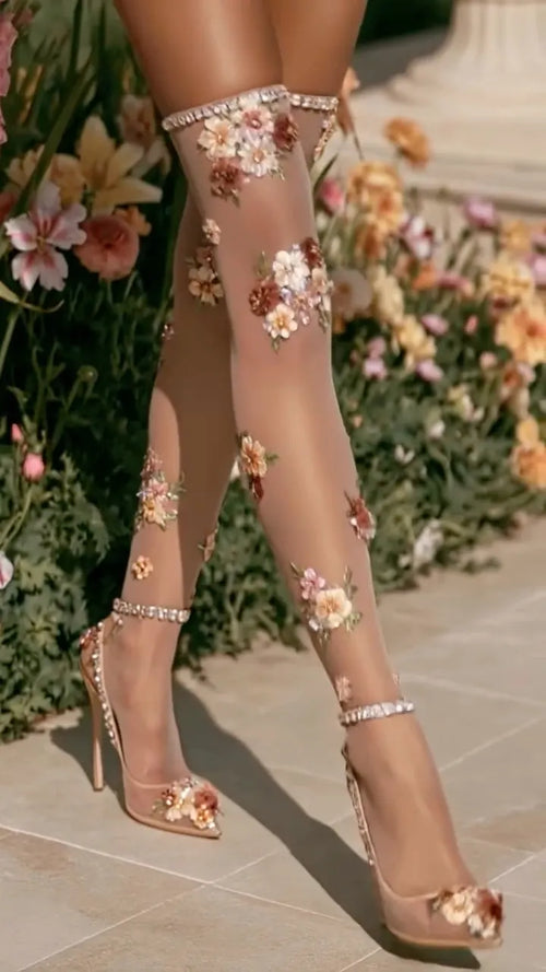 Floral Rhinestone Over‑the‑knee Socks