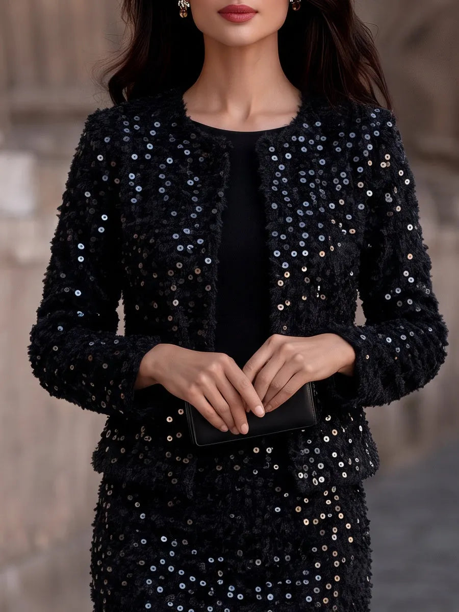 Sequin Tweed Cropped Jacket Midi Skirt Two-Piece Set