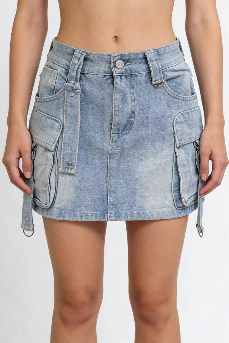 Women's Casual Large Pocket Denim Utility Short Skirt
