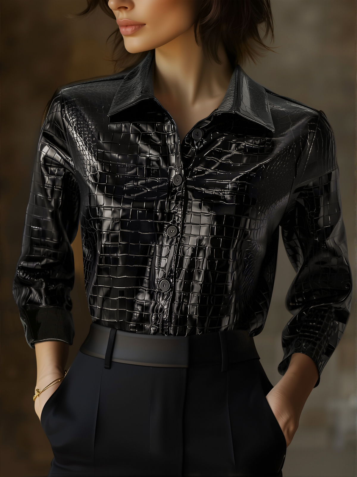 Glossy Black Crocodile Embossed Shirt