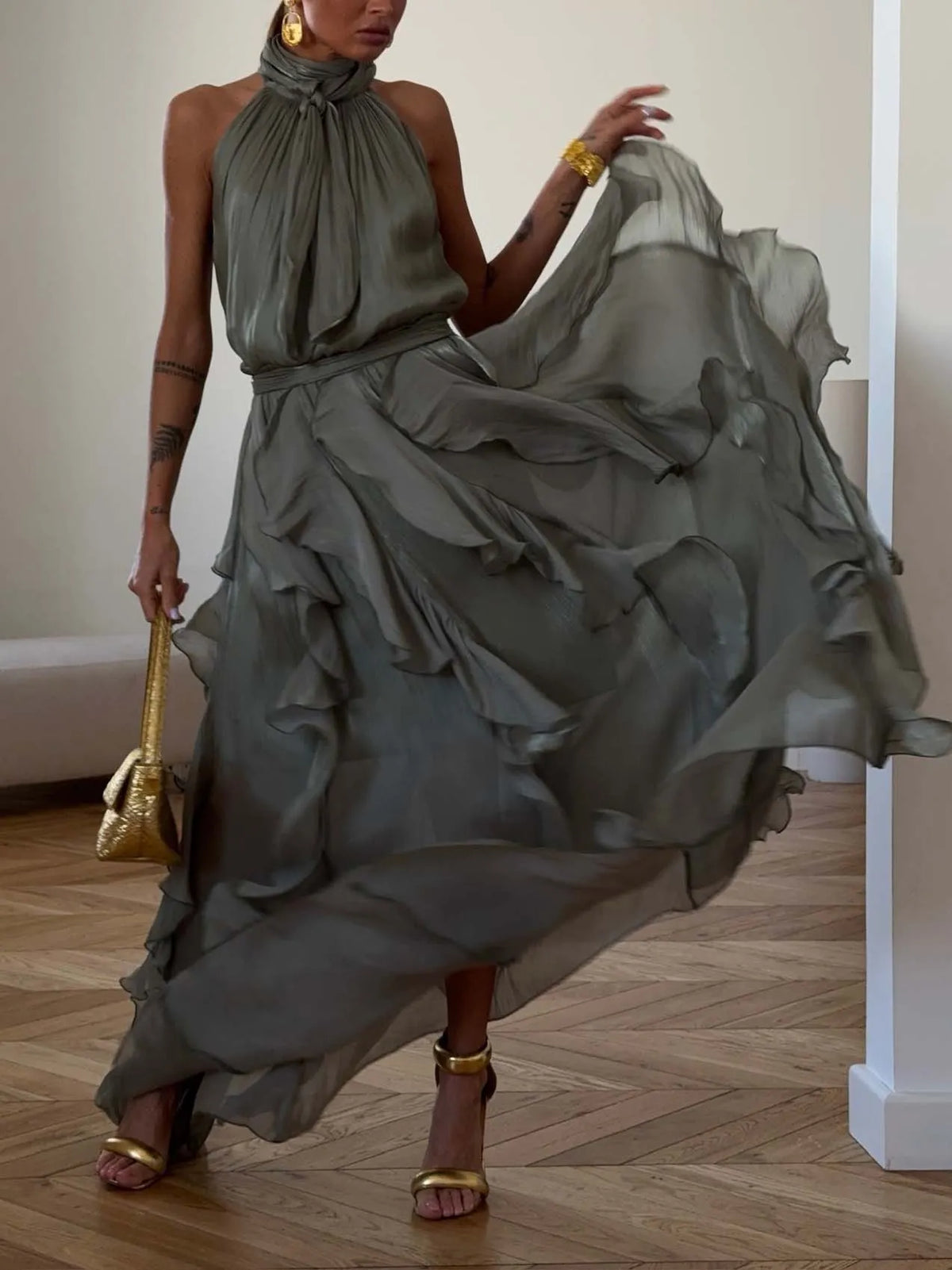 Elegant Halter Neck Ruffle Chiffon Flowy Maxi Dress