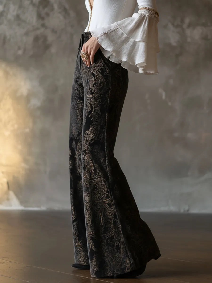 Vintage High-waisted Velveteen Paisley Print Wide-leg Pants