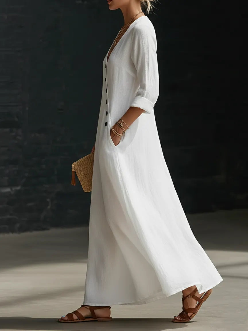 Minimalist Button-up V-neck Linen Dress
