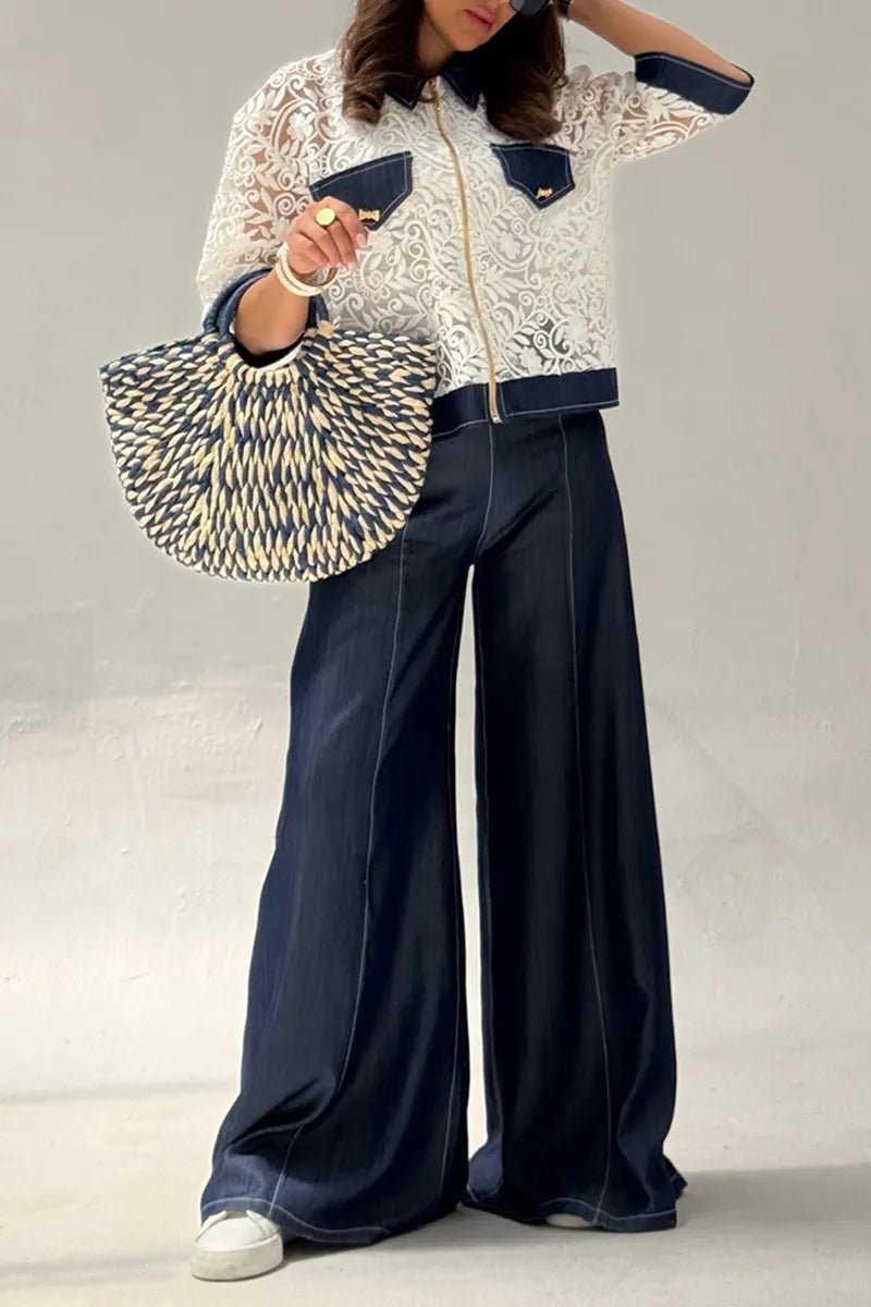 Women's Fashion Pattern Mesh Panel Denim Jacket or Wide Leg Jeans