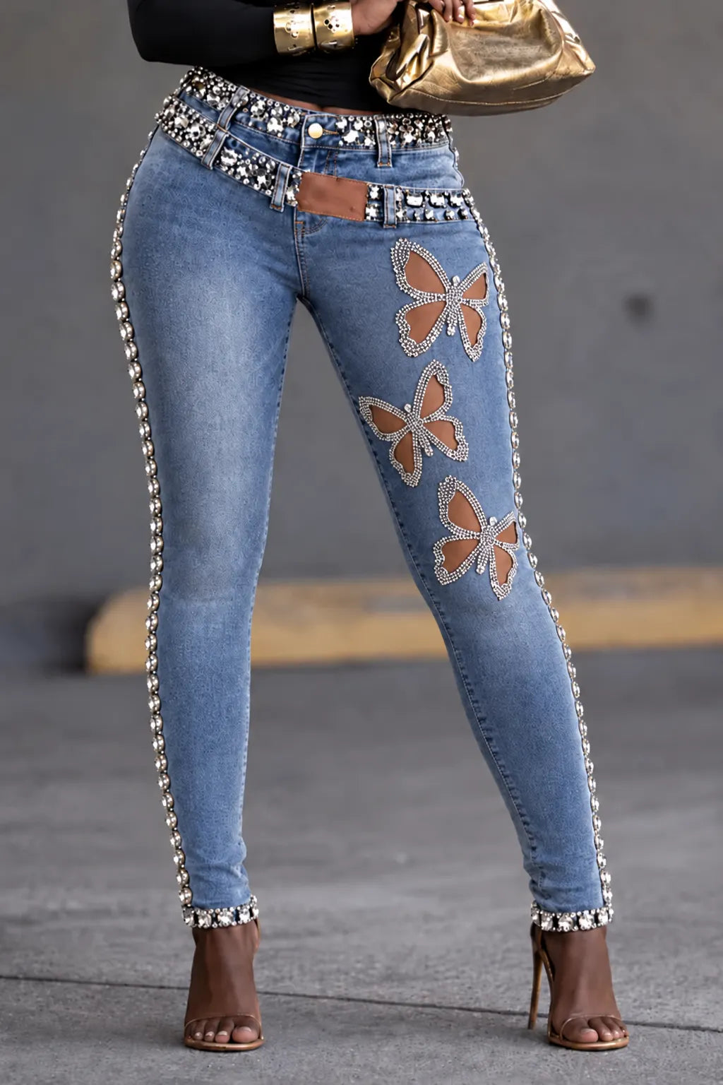 Crystal-Trim Butterfly-Cutout Double-Waist Skinny Jeans