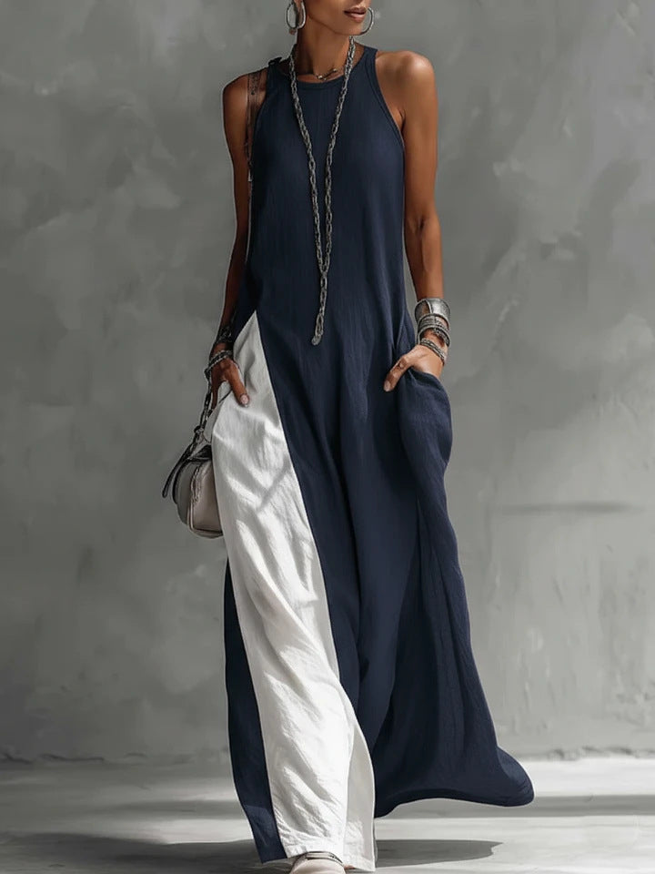 Momocco Avant-Garde Halter Maxi Dress - Contrast Color-Block Loose Fit Art-Style Gown