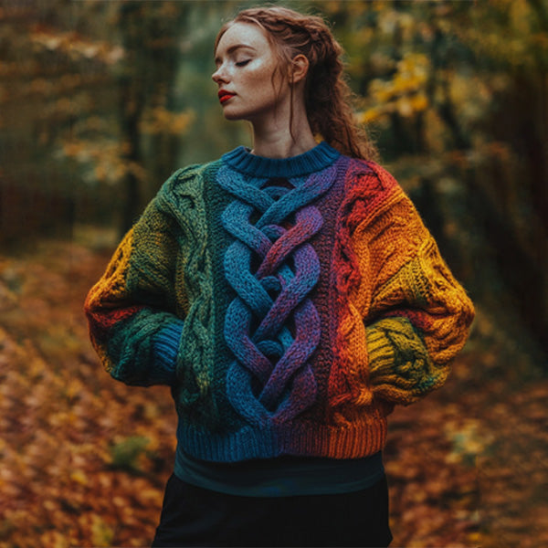 Women's Irish Rainbow Pattern Jacquard Pocket Cozy Sweater