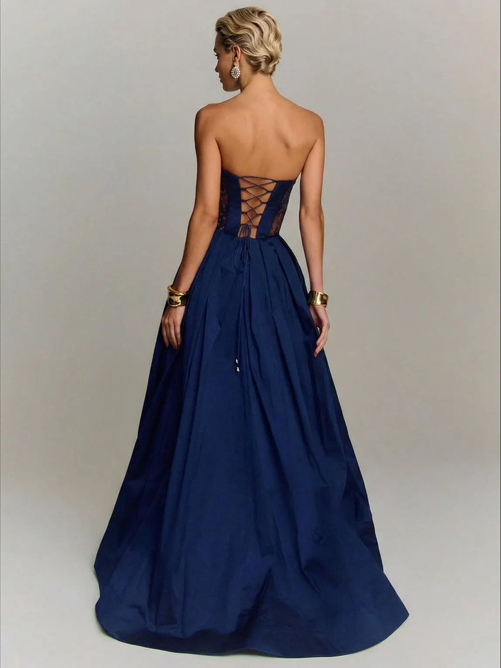 Elegant Strapless Lace-Panel Ball Gown Maxi Dress