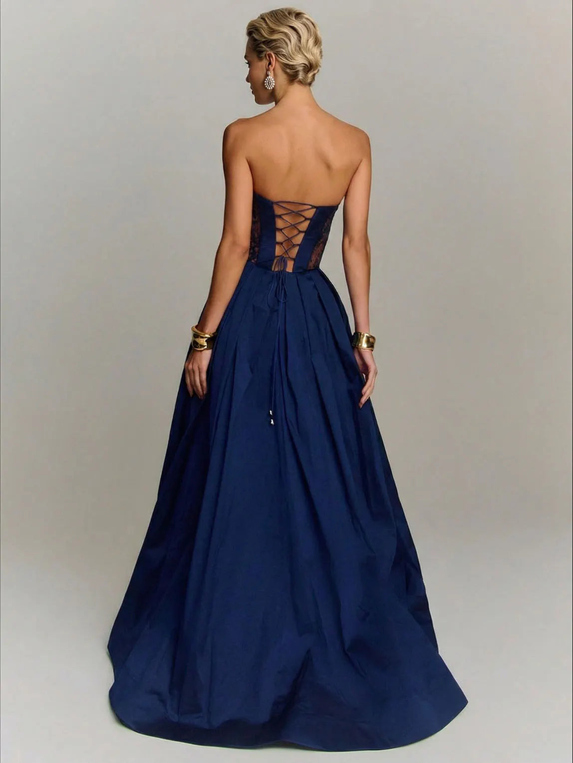 Elegant Strapless Lace-Panel Ball Gown Maxi Dress
