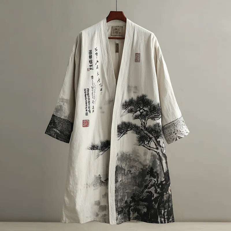 Men's Retro Landscape Painting Art Linen Long Kimono