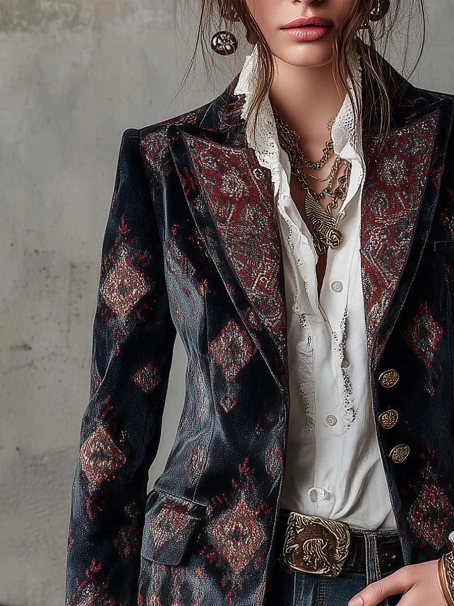 Retro Ethnic Print Polyester Velvet Mid-length Blazer