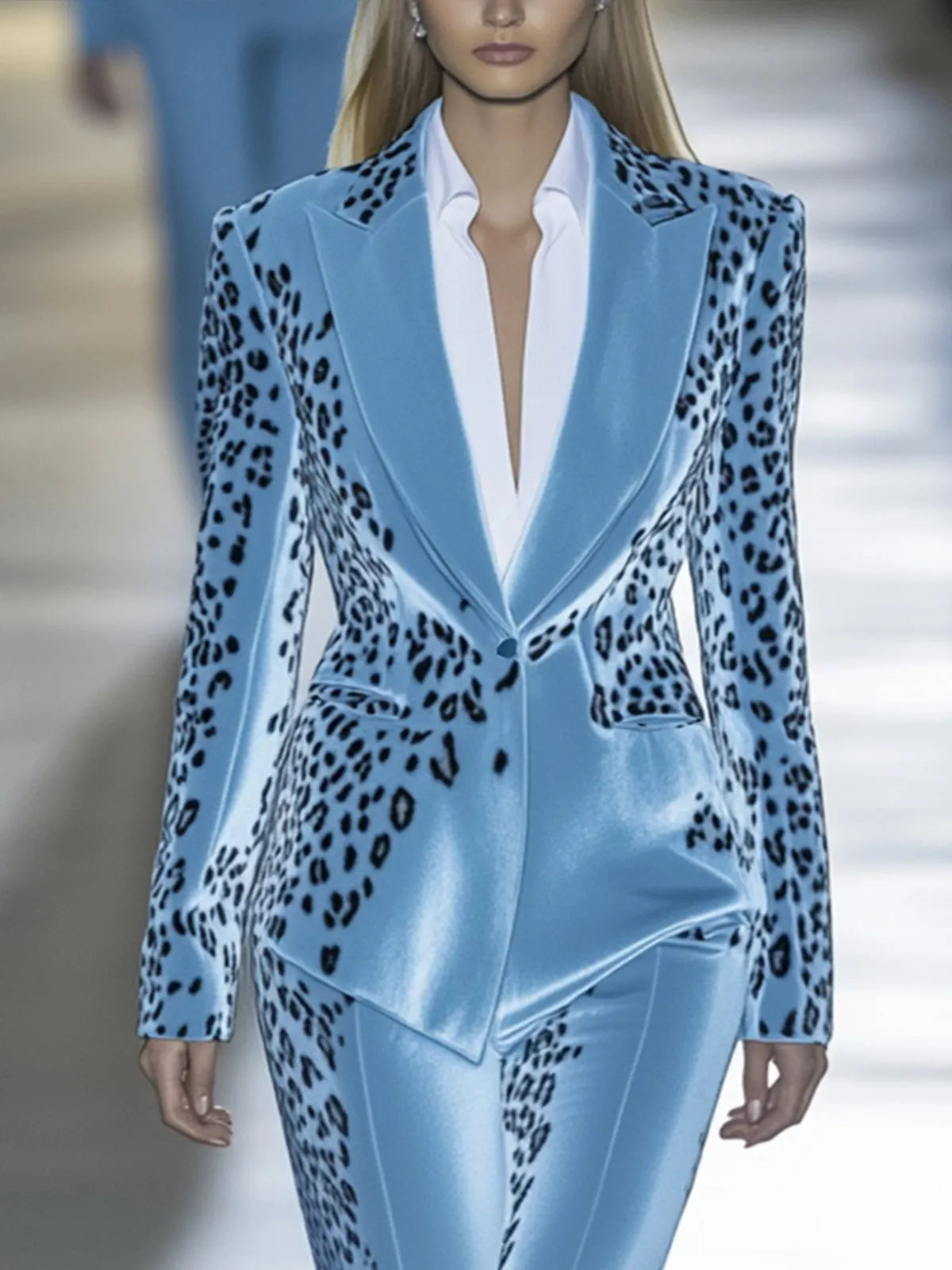 24-Hour-Shipping Sky Blue Velvet Leopard Print Blazer