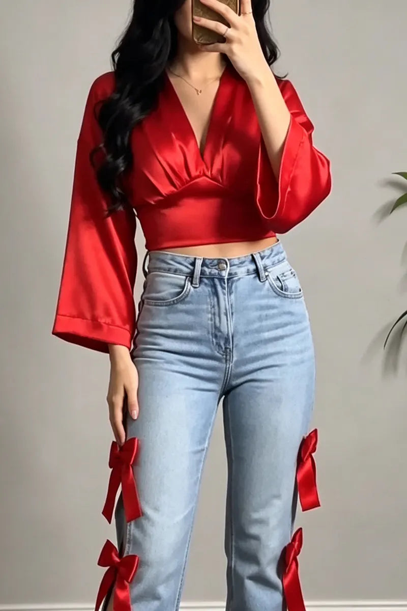 Women's Elegant V-Neck Top or Bow Decor Cutout Jeans