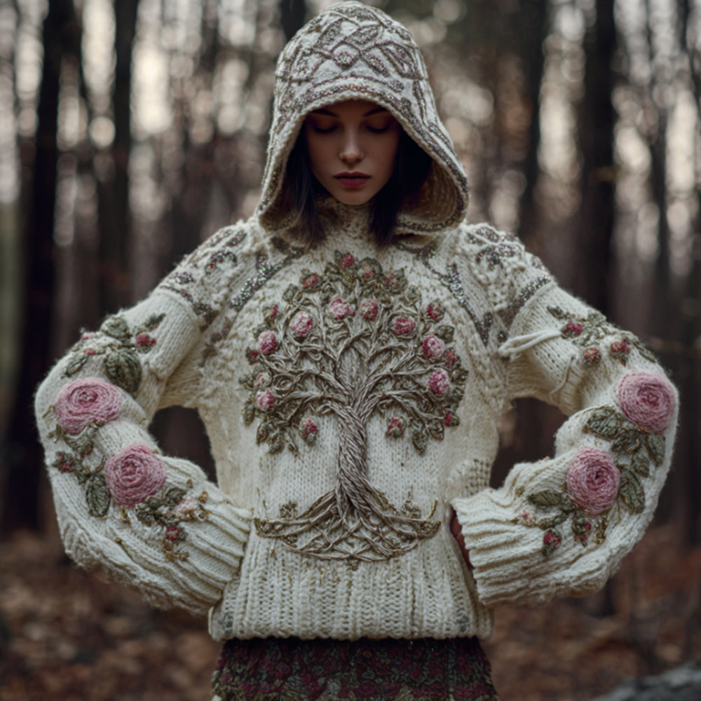 Women's Viking Style Tree Of Life And Rose Retro Warm Hooded Sweater