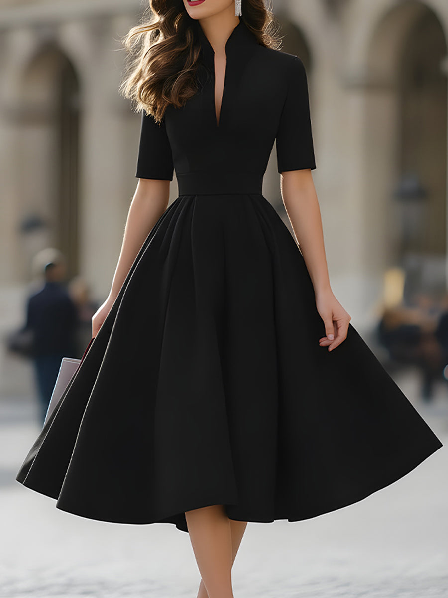 Elegant V-Neck Tailored A-Line Midi Dress