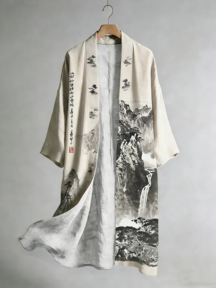 Men's Retro Landscape Painting Art Linen Long Kimono