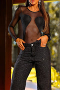 Women's Fashion Sheer Mesh Panel Rhinestone Top or Jeans